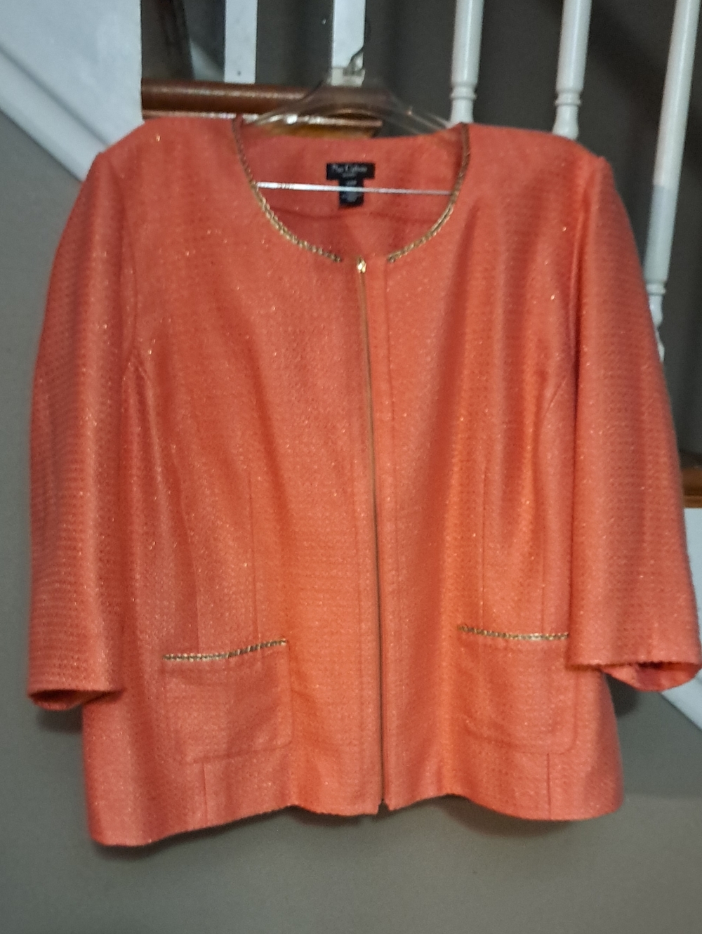 Nue Options Orange Shimmer Collarless Jacket with Gold Trim